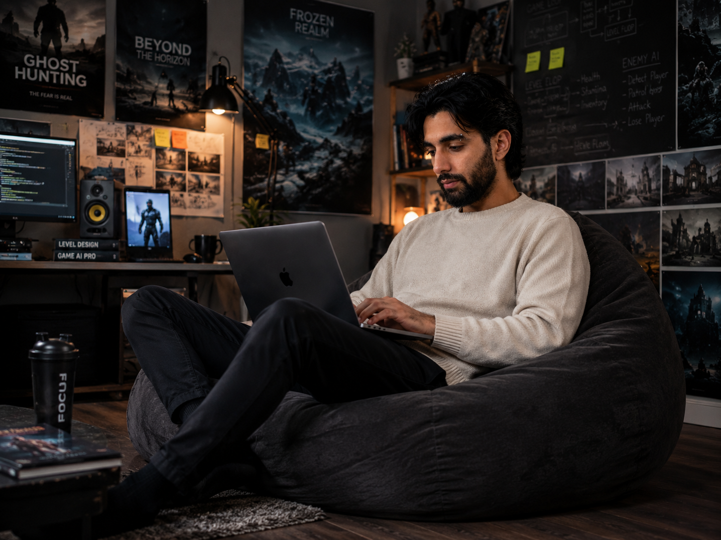Amirali Tavakol coding on a laptop in his game development studio